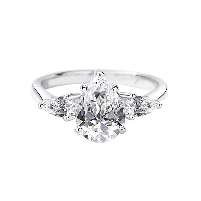 【#202】925 Sterling Silver 2CT Three Stone Setting Pear Shape Moissanite Ring