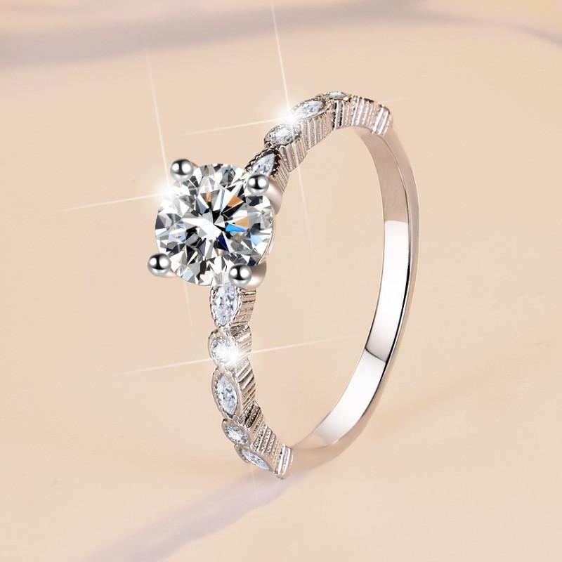 【E3】1CT Moissanite Ring With Marquise Side Stones In 925 Sterling SIlver-Customizable Engraving