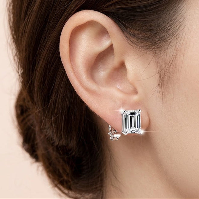 【#302】925 Sterling Silver Emerald Cut Moissanite Stud Earrings Sparkly Clear Gemstone Ear Ring Jewelry for Women Gift