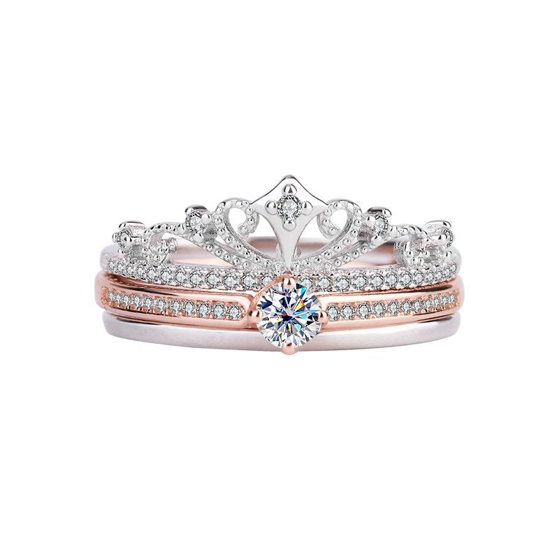 【#203】Elegant 925 Sterling Silver Crown Design Moissanite Stacked Ring Set