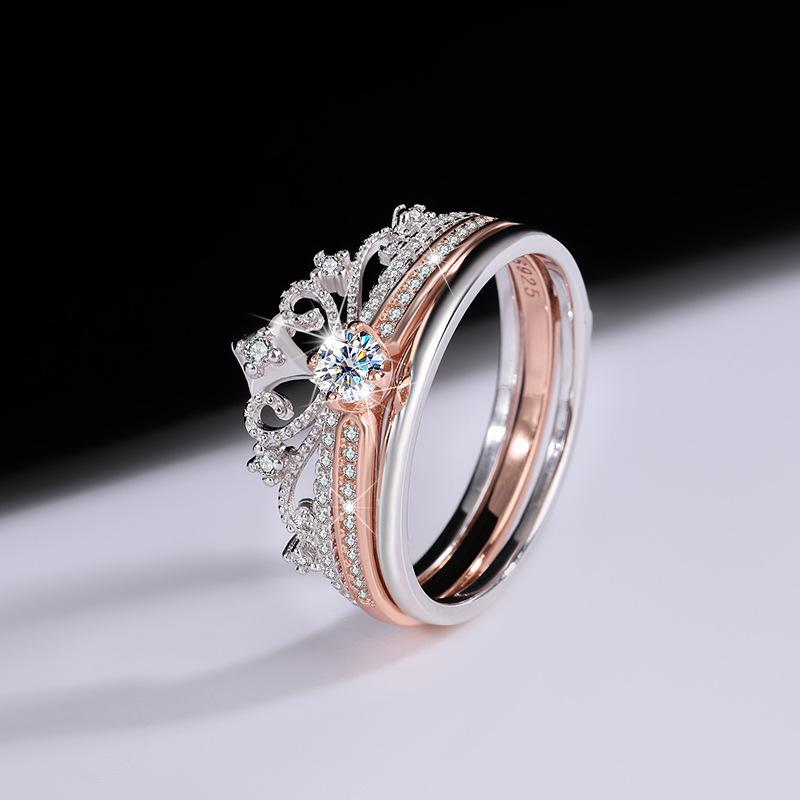 【#203】Elegant 925 Sterling Silver Crown Design Moissanite Stacked Ring Set