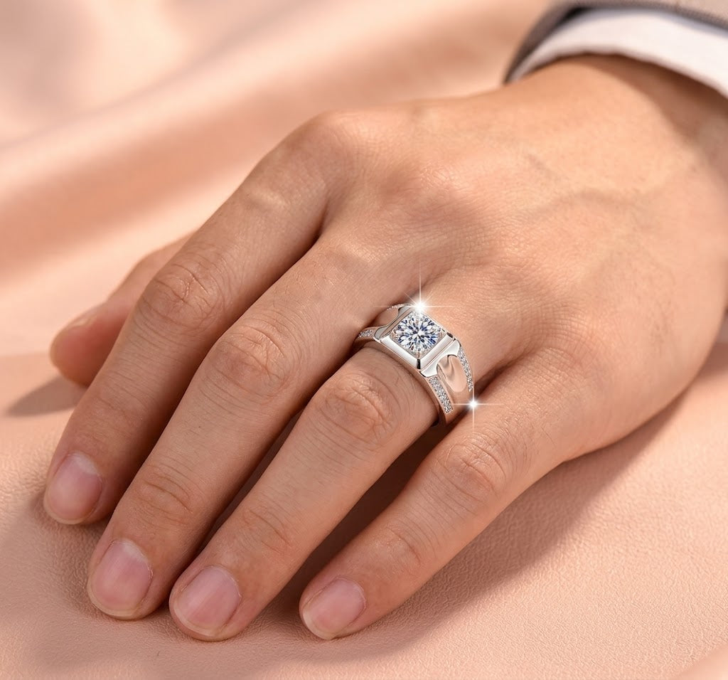 【#333】925 Sterling Silver Ring for Men Classic Round Cut Moissanite Solitaire Wedding Engagement Statement Ring Jewelry