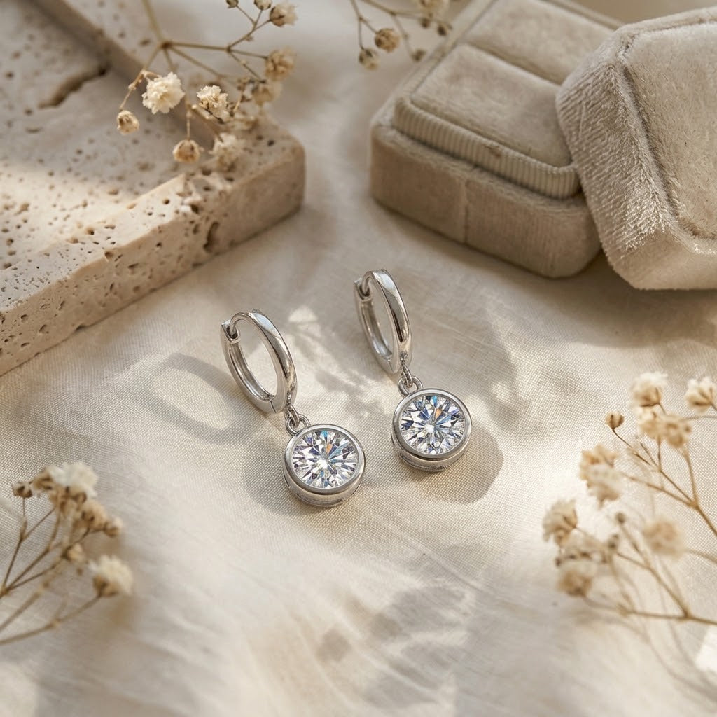 【#2】Moissanite Dangle Earrings for Women, 925 Sterling Silver Bezel Set Round Brilliant Cut Drop Huggie Hoops, Lab Created Diamond Jewelry Gift
