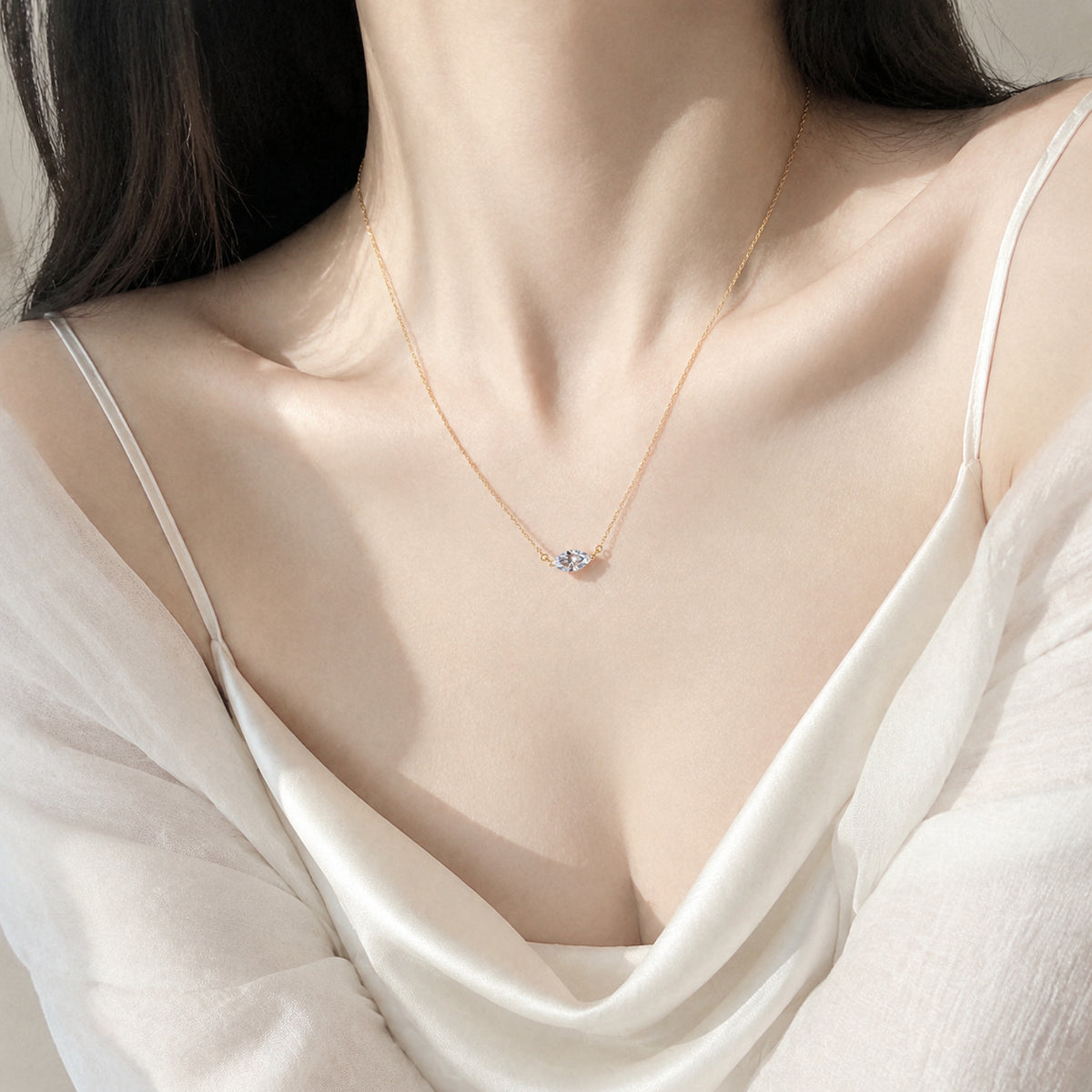 【#313】925 Sterling Silver Marquise Cut Moissanite Pendant Necklace for Women Elegant Sparkle Gemstone Collar Chain Jewelry Gift