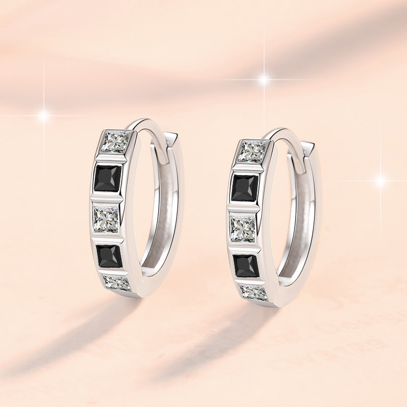 【#324】925 Sterling Silver Moissanite Huggie Hoop Earrings Square Cut Black White Gemstone Earrings for Women Party Gift