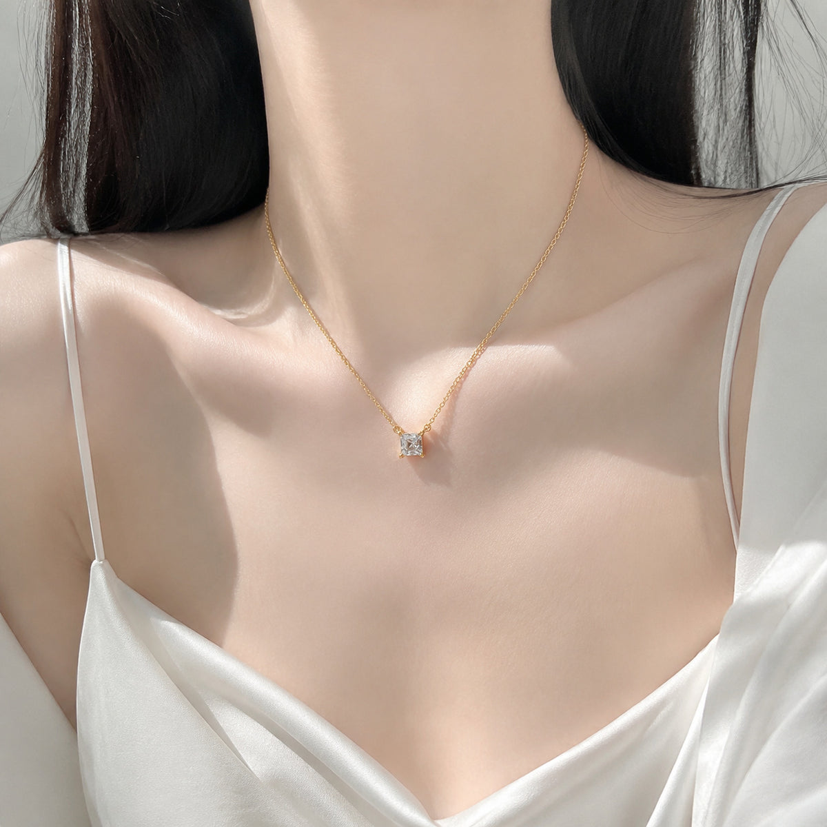 【#335】S925 Sterling Silver Moissanite Princess Cut Pendant Necklace Sparkling Solitaire Chain Fine Jewelry Gift for Women