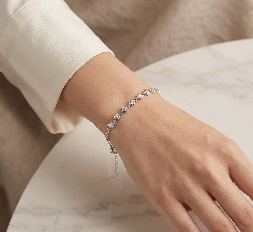 【#325】925 Sterling Silver Moissanite Bracelet for Women Sparkle Round Cut Bezel Set Chain Fine Jewelry Gift