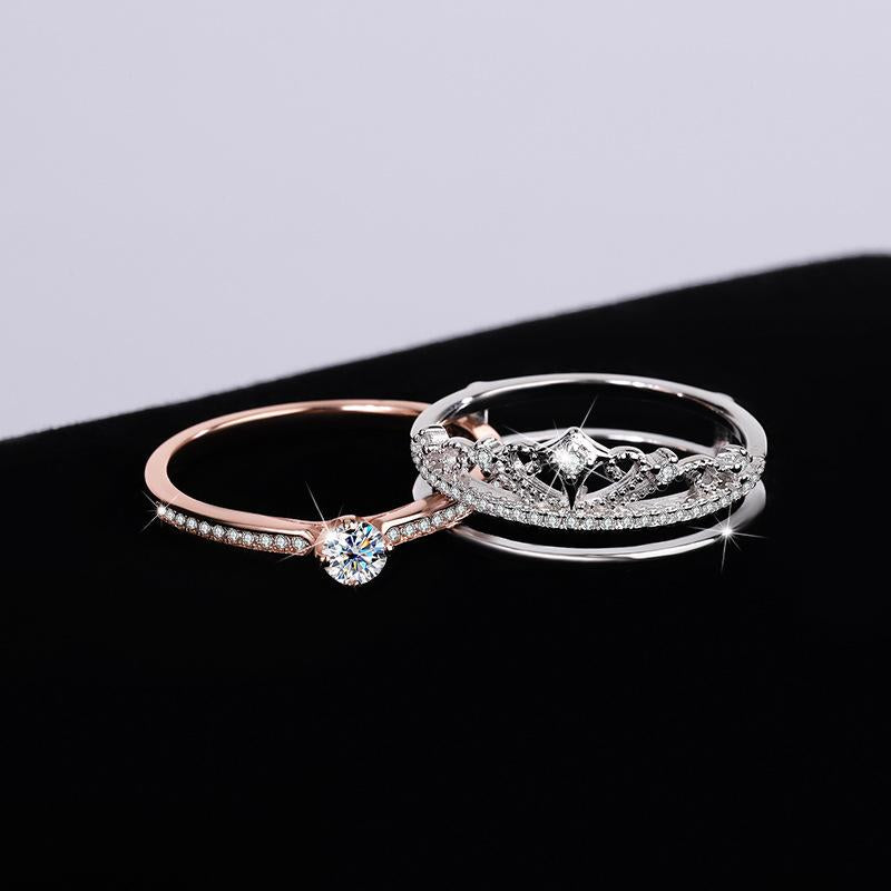 【#203】Elegant 925 Sterling Silver Crown Design Moissanite Stacked Ring Set