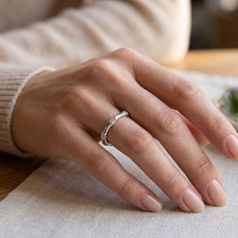 【#1】Moissanite Bamboo Wave Ring for Women, 925 Sterling Silver Minimalist Stacking Band, D Color Lab Diamond Eternity Ring, Unique Birthday Jewelry Gift