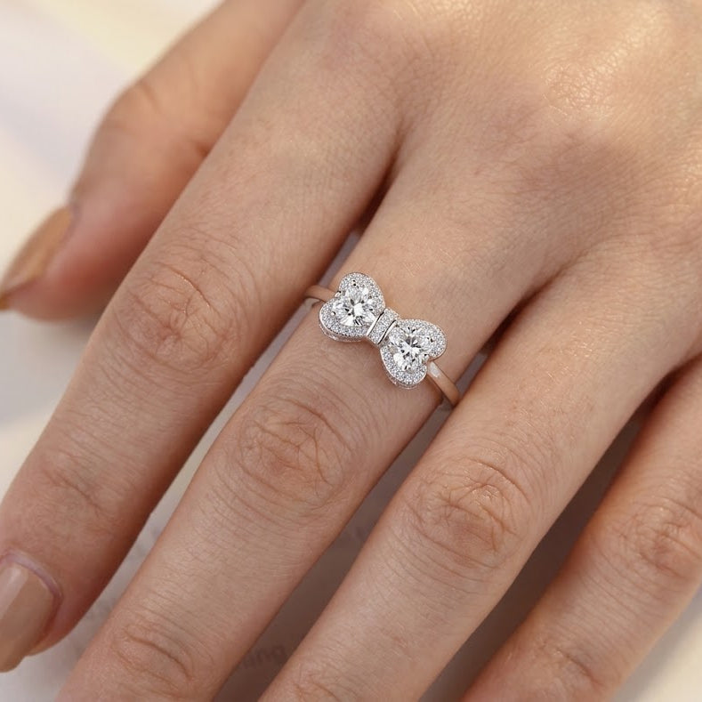 【#328】925 Sterling Silver Bowknot Moissanite Ring Double Heart Sparkle Ring Women Jewelry Gift