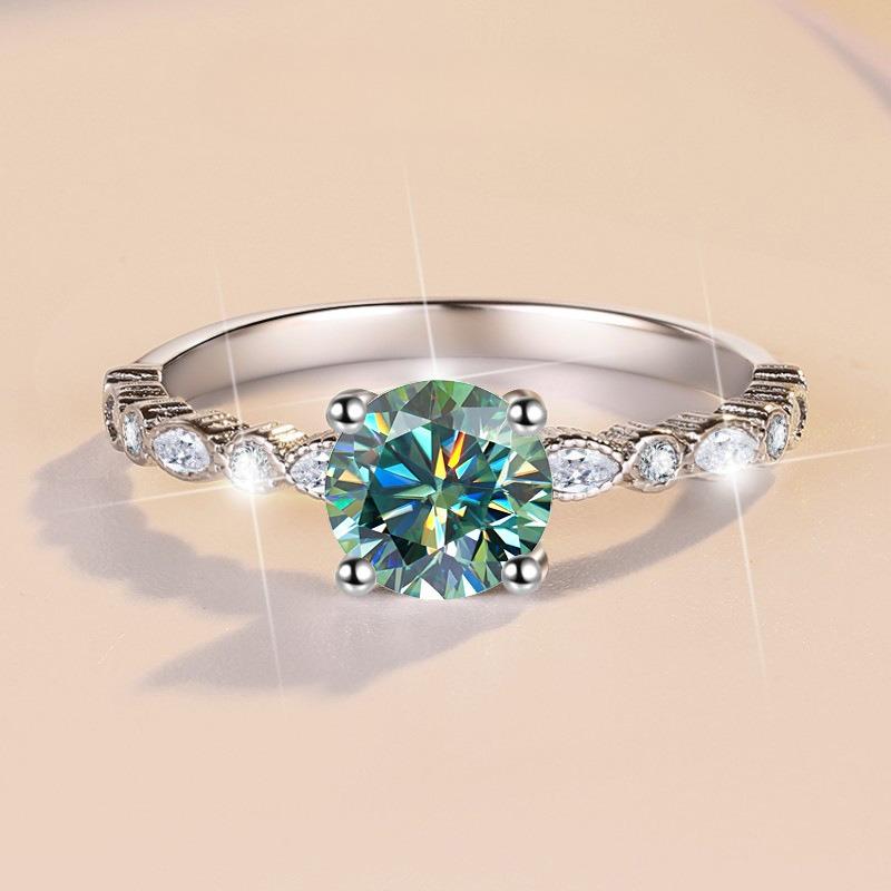 【E3】1CT Moissanite Ring With Marquise Side Stones In 925 Sterling SIlver-Customizable Engraving