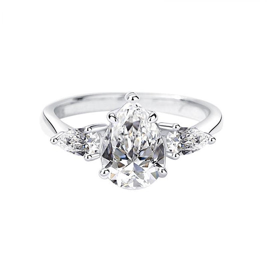 【#202】925 Sterling Silver 2CT Three Stone Setting Pear Shape Moissanite Ring