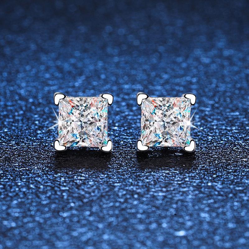 【New Arrival T6】Genuine S925 Sterling Silver Princess Cut Moissanite Stud Earrings for Women Men | Shiny Cubic Zirconia Hypoallergenic Jewelry Gift
