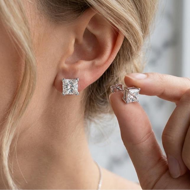 【New Arrival T6】Genuine S925 Sterling Silver Princess Cut Moissanite Stud Earrings for Women Men | Shiny Cubic Zirconia Hypoallergenic Jewelry Gift