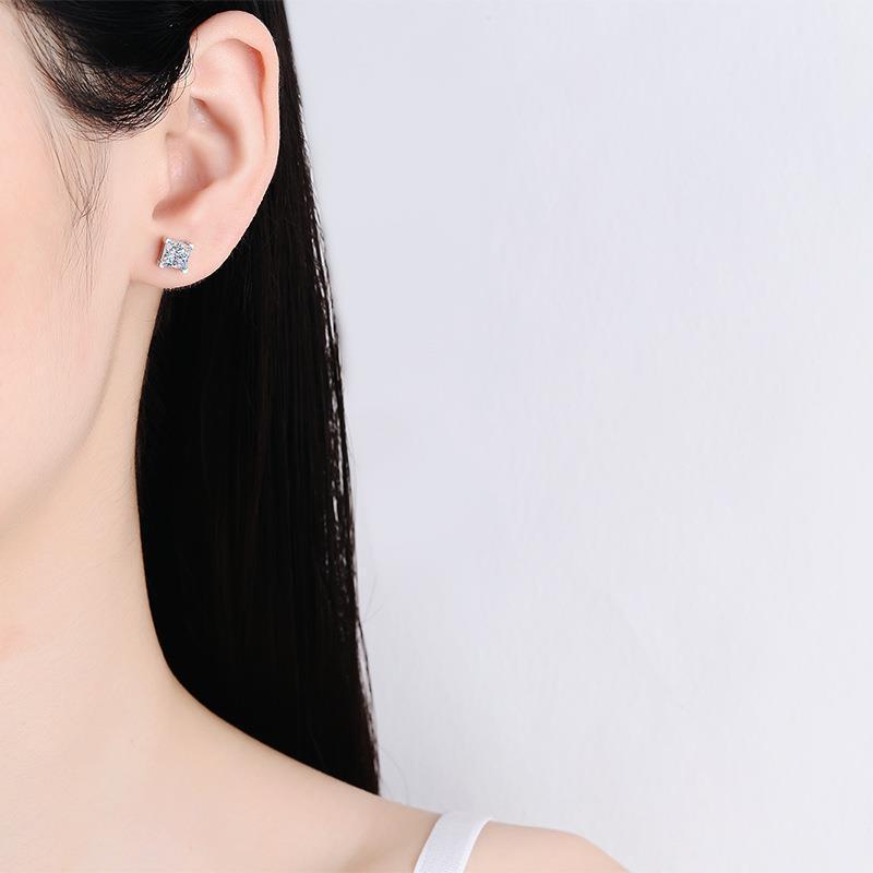 【New Arrival T6】Genuine S925 Sterling Silver Princess Cut Moissanite Stud Earrings for Women Men | Shiny Cubic Zirconia Hypoallergenic Jewelry Gift