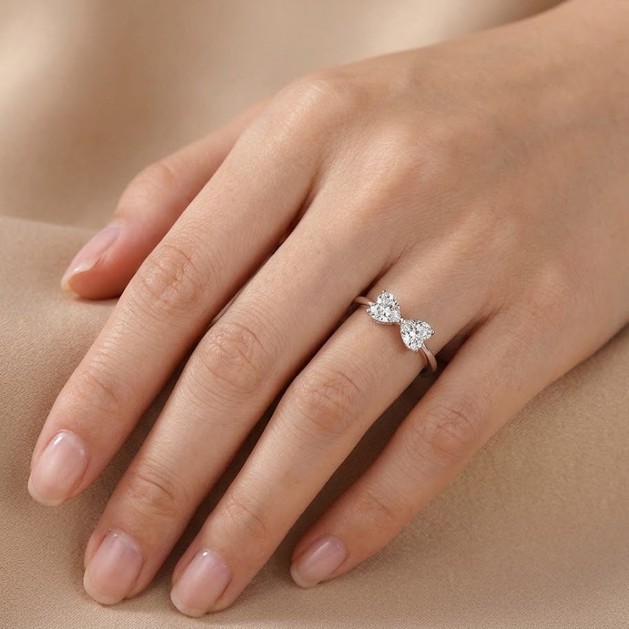 【#322】925 Sterling Silver Bow Ring Moissanite Double Heart Bowknot Sparkling Rings for Women Jewelry Gift