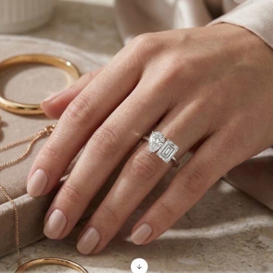 【#316】925 Sterling Silver Moissanite Ring for Women Toi et Moi Two Stone Pear Emerald Cut Sparkling Engagement Wedding Jewelry Gift