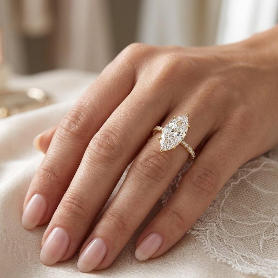 【#110】Marquise Cut 2/3CT Moissanite Engagement Ring for Women, 14K Gold Plated 925 Sterling Silver D Color Lab Created Diamond Promise Ring, Anniversary Gift