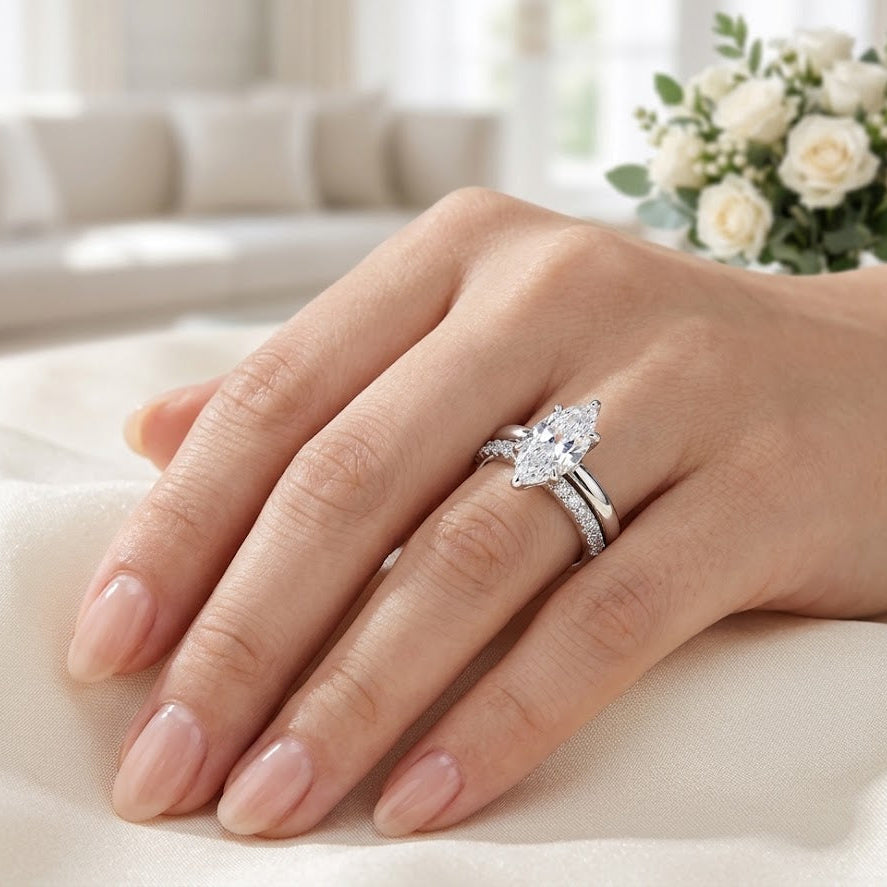 【#338】S925 Sterling Silver Marquise Cut Moissanite Ring Set Elegant Stackable Bridal Wedding Engagement Rings for Women Jewelry