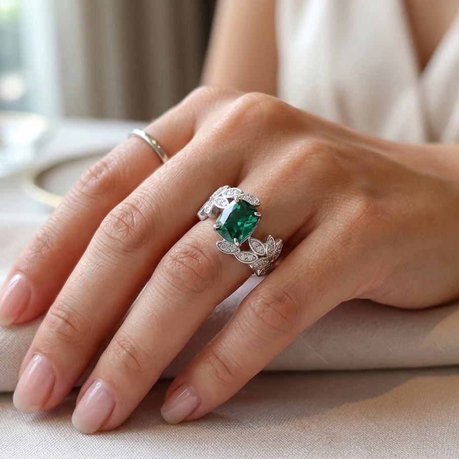 【H1】Vintage Leaf Vine Green 3ct Moissanite Engagement Ring for Women, 925 Sterling Silver Radiant Cut Green Gemstone Wedding Band, Unique Anniversary Gift