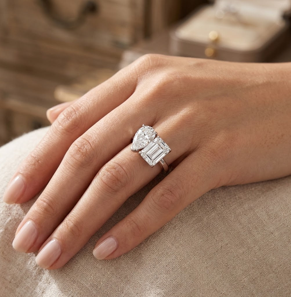 【#316】925 Sterling Silver Moissanite Ring for Women Toi et Moi Two Stone Pear Emerald Cut Sparkling Engagement Wedding Jewelry Gift