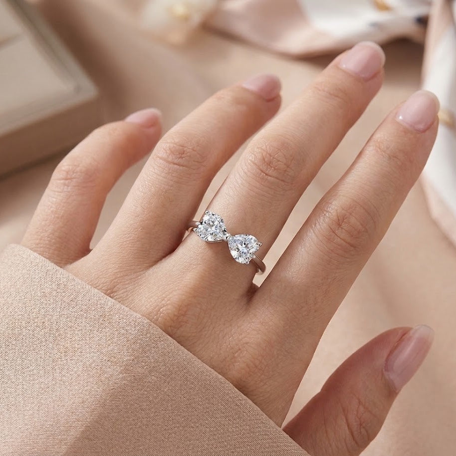 【#322】925 Sterling Silver Bow Ring Moissanite Double Heart Bowknot Sparkling Rings for Women Jewelry Gift