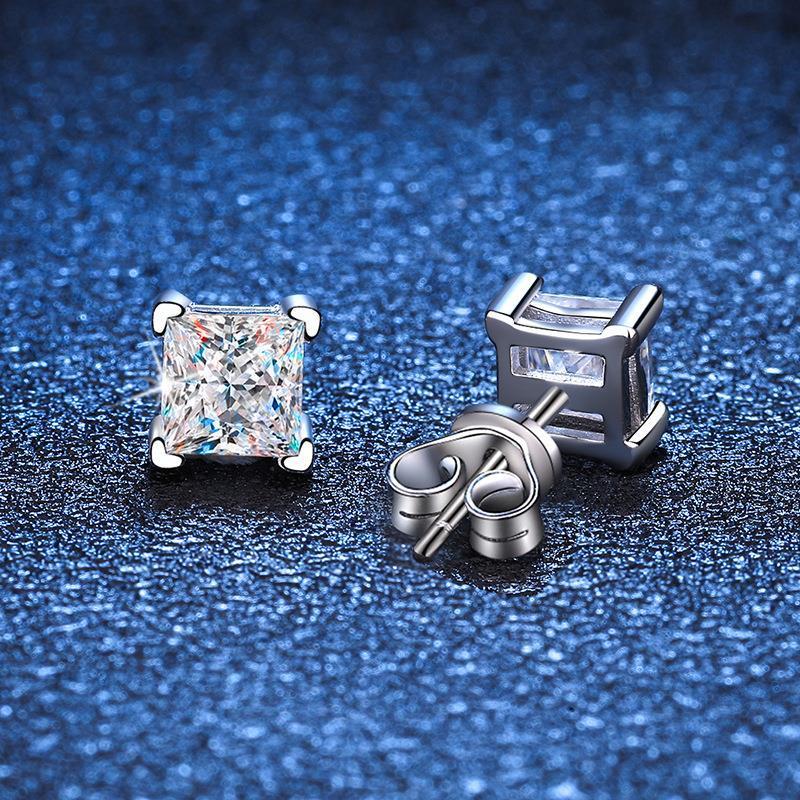 【New Arrival T6】Genuine S925 Sterling Silver Princess Cut Moissanite Stud Earrings for Women Men | Shiny Cubic Zirconia Hypoallergenic Jewelry Gift