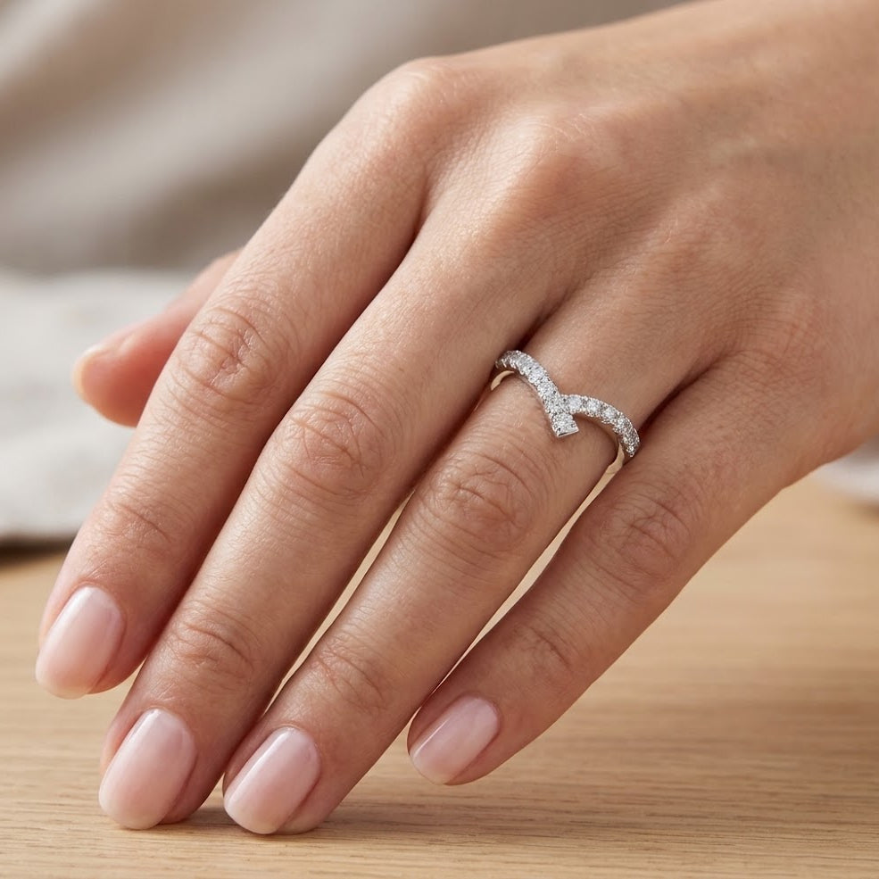【#321】925 Sterling Silver V Shaped Moissanite Ring Wishbone Curved Stacking Band Fine Jewelry Gift for Women