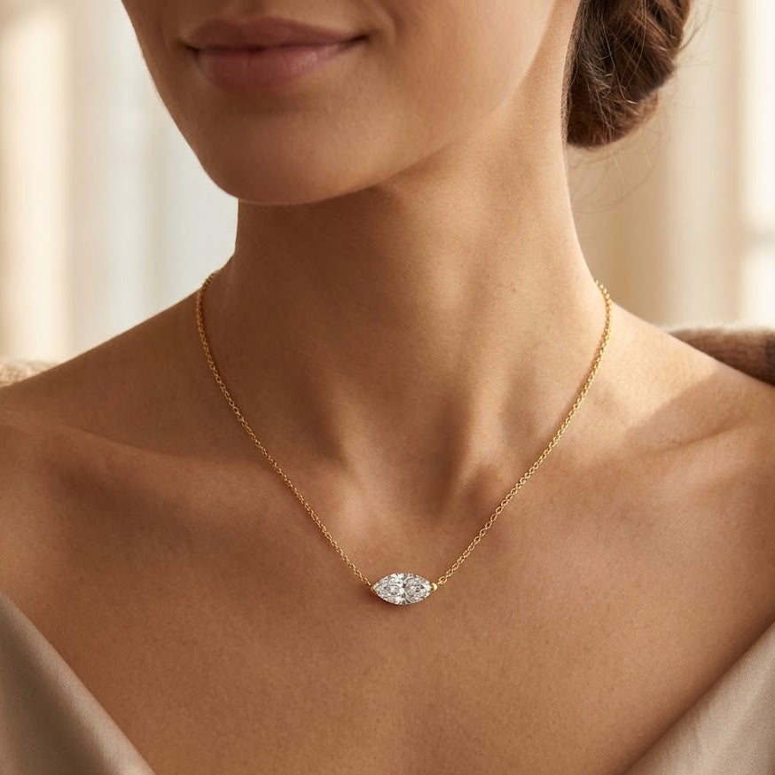 【#313】925 Sterling Silver Marquise Cut Moissanite Pendant Necklace for Women Elegant Sparkle Gemstone Collar Chain Jewelry Gift