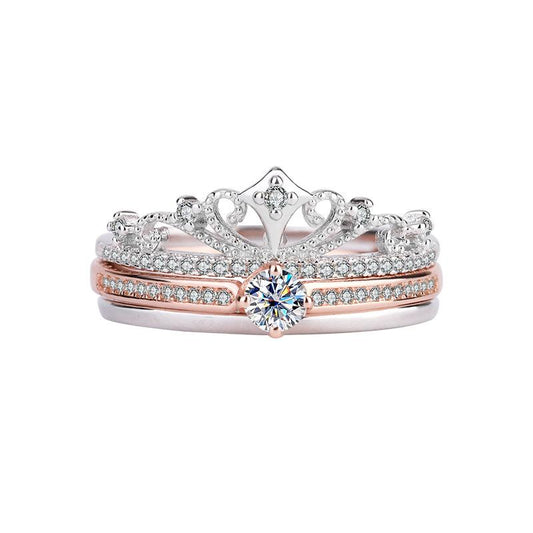 【#203】Elegant 925 Sterling Silver Crown Design Moissanite Stacked Ring Set