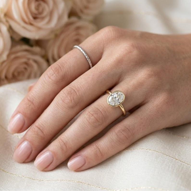 【#79】Oval Moissanite Bezel Engagement Ring for Women, 2CT Lab Created Diamond Promise Ring, S925 Sterling Silver Minimalist Wedding Band