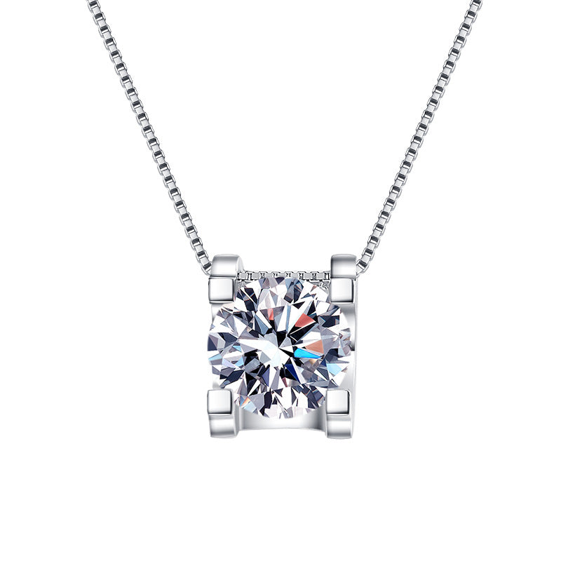# 301  925 Sterling Silver Moissanite Necklace Round Cut Solitaire Pendant Box Chain Fine Jewelry Gift for Women