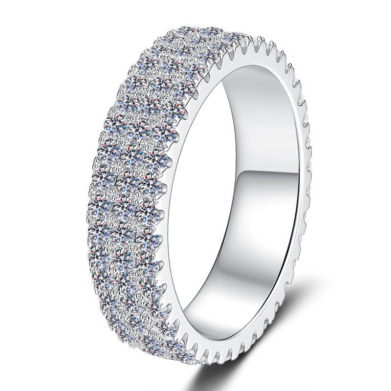 【#343】925 Sterling Silver Moissanite Ring 3 Rows Full Sparkling Gemstone Band Engagement Wedding Party Jewelry for Women
