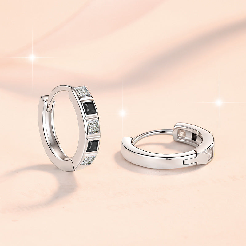 【#324】925 Sterling Silver Moissanite Huggie Hoop Earrings Square Cut Black White Gemstone Earrings for Women Party Gift