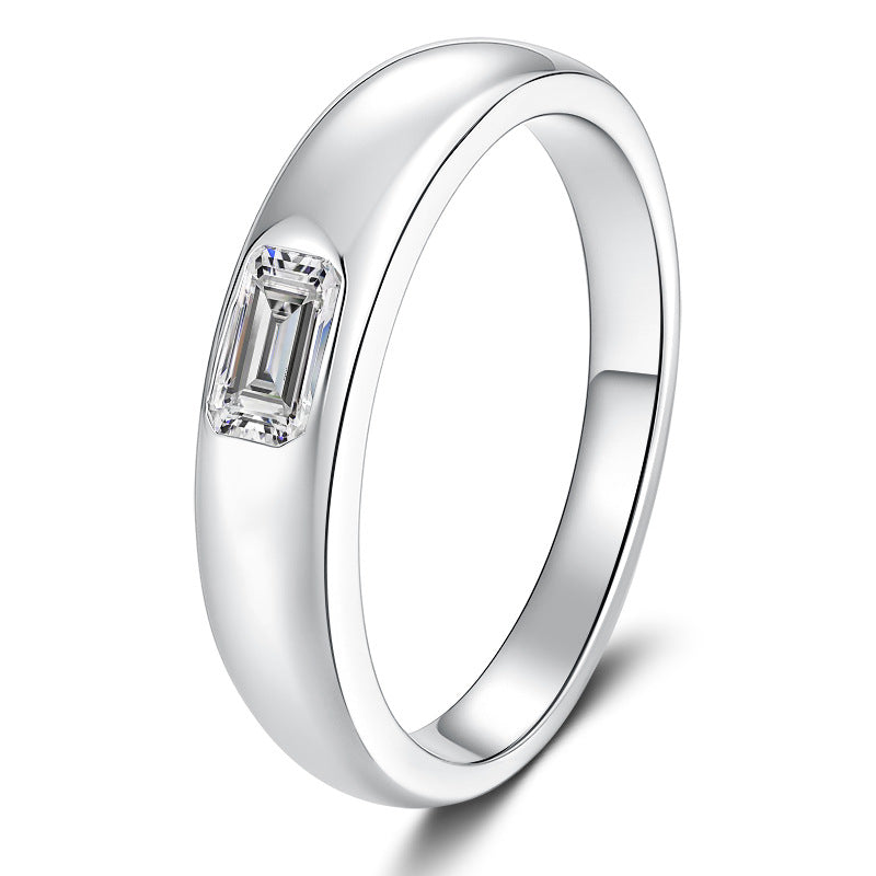 【#306】925 Sterling Silver Moissanite Ring Emerald Cut Bezel Set Sleek Band Fine Gemstone Jewelry Gift for Women