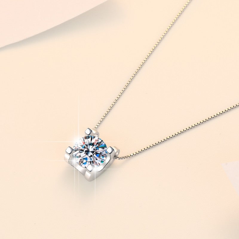 # 301  925 Sterling Silver Moissanite Necklace Round Cut Solitaire Pendant Box Chain Fine Jewelry Gift for Women