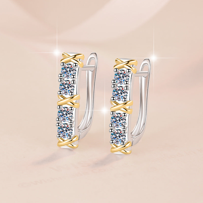 【#323】925 Sterling Silver 0.1ct*8 Moissanite Huggie Hoop Earrings Two Tone Criss Cross Leverback Fine Jewelry Gift for Women