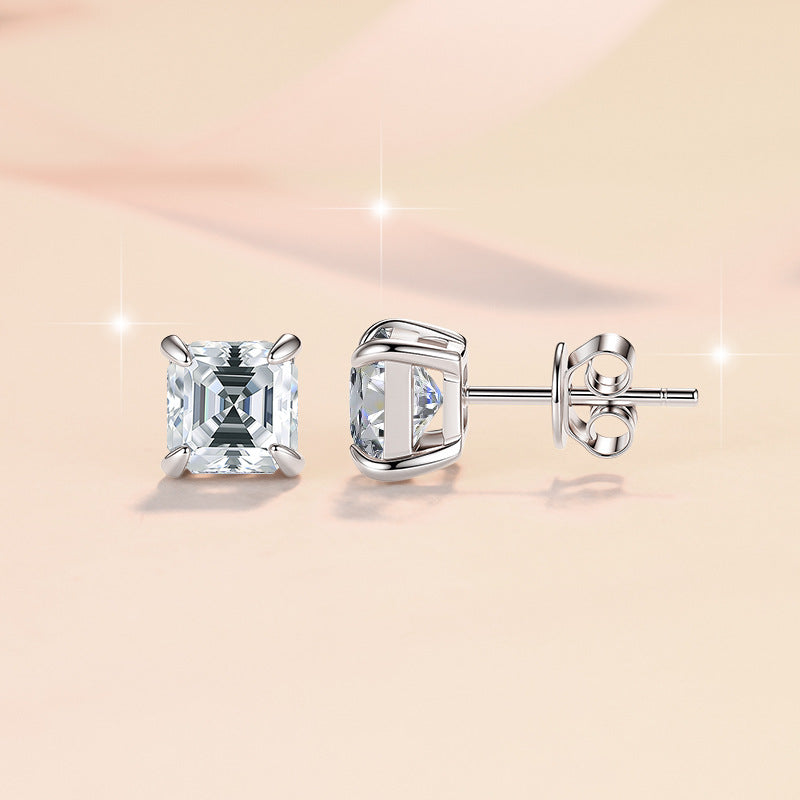 【#327】S925 Sterling Silver Moissanite Stud Earrings Square Cut Sparkle Fine Jewellery for Women Gift