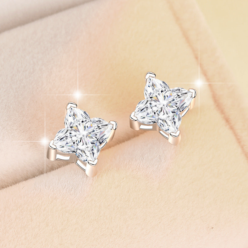 【#307】925 Silver Real Moissanite Four Point Star Earrings Shiny Fine Jewelry Trendy Gift for Women Girls