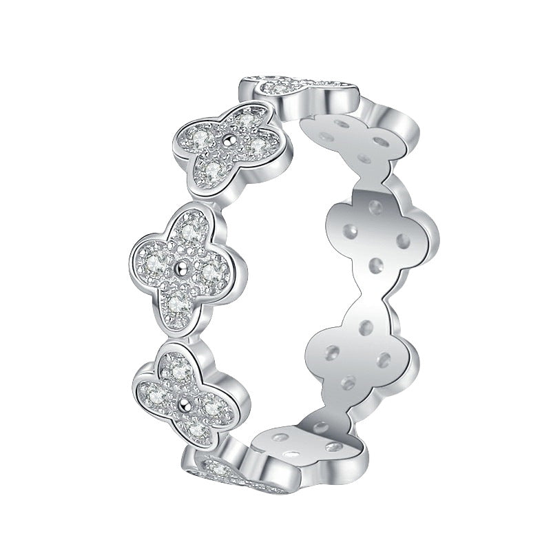 【#344】925 Sterling Silver Moissanite Flower Clover Ring Sparkly Gemstone Eternity Style Band Jewelry for Women Gift