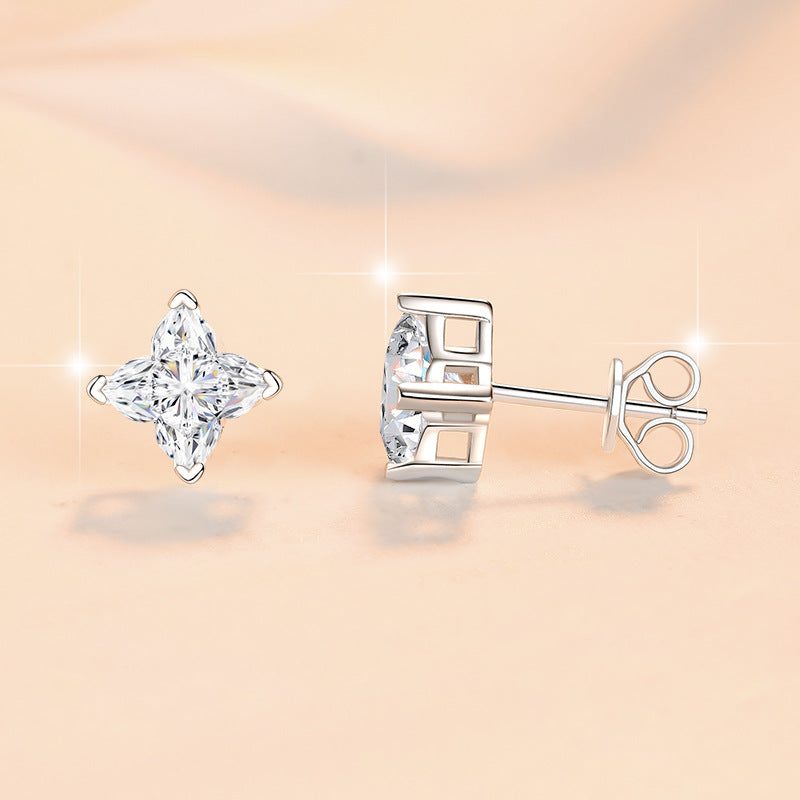 【#307】925 Silver Real Moissanite Four Point Star Earrings Shiny Fine Jewelry Trendy Gift for Women Girls