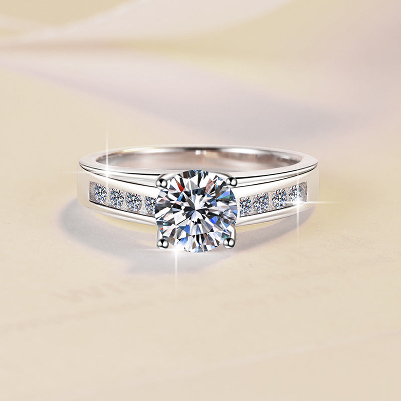 【#329】925 Sterling Silver Moissanite Ring Round Cut Solitaire Ring Side Stone Engagement Promise Rings for Women