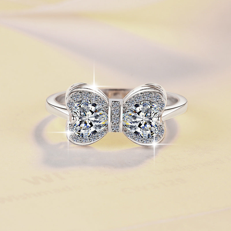 【#328】925 Sterling Silver Bowknot Moissanite Ring Double Heart Sparkle Ring Women Jewelry Gift