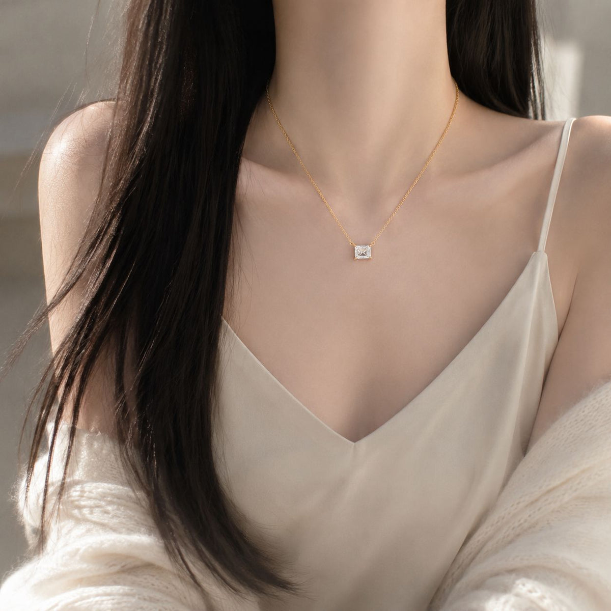 【#339】925 Sterling Silver Moissanite Pendant Necklace Radiant Cut Square Gemstone Chain Jewelry Gift for Women