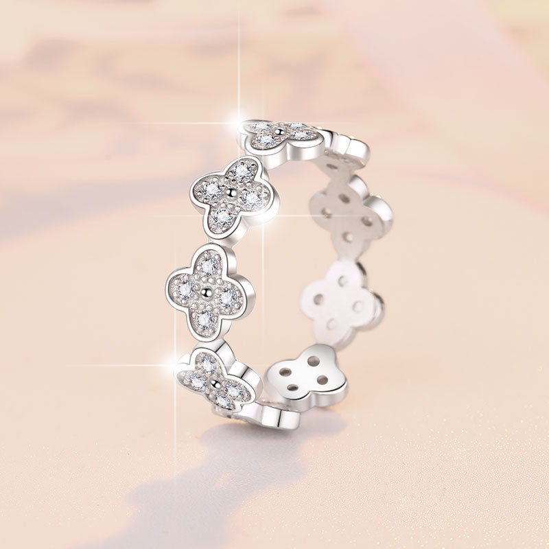 【#344】925 Sterling Silver Moissanite Flower Clover Ring Sparkly Gemstone Eternity Style Band Jewelry for Women Gift