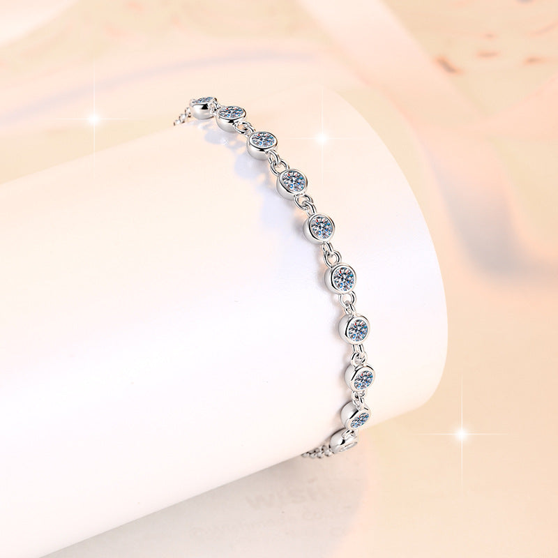 【#325】925 Sterling Silver Moissanite Bracelet for Women Sparkle Round Cut Bezel Set Chain Fine Jewelry Gift