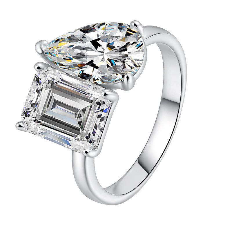 【#316】925 Sterling Silver Moissanite Ring for Women Toi et Moi Two Stone Pear Emerald Cut Sparkling Engagement Wedding Jewelry Gift