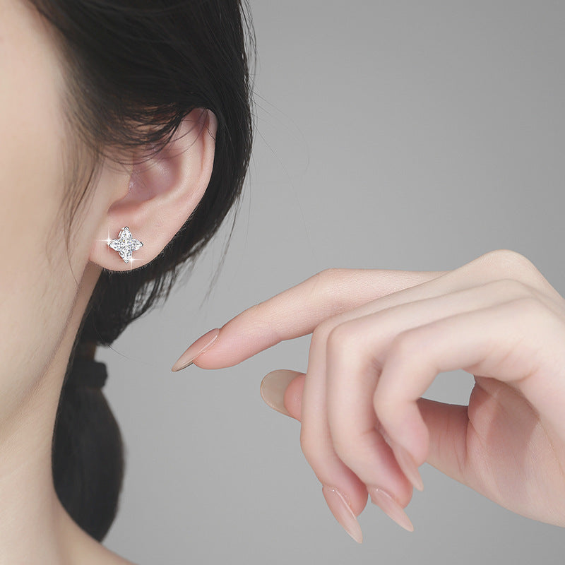 【#307】925 Silver Real Moissanite Four Point Star Earrings Shiny Fine Jewelry Trendy Gift for Women Girls