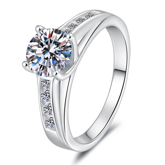 【#329】925 Sterling Silver Moissanite Ring Round Cut Solitaire Ring Side Stone Engagement Promise Rings for Women