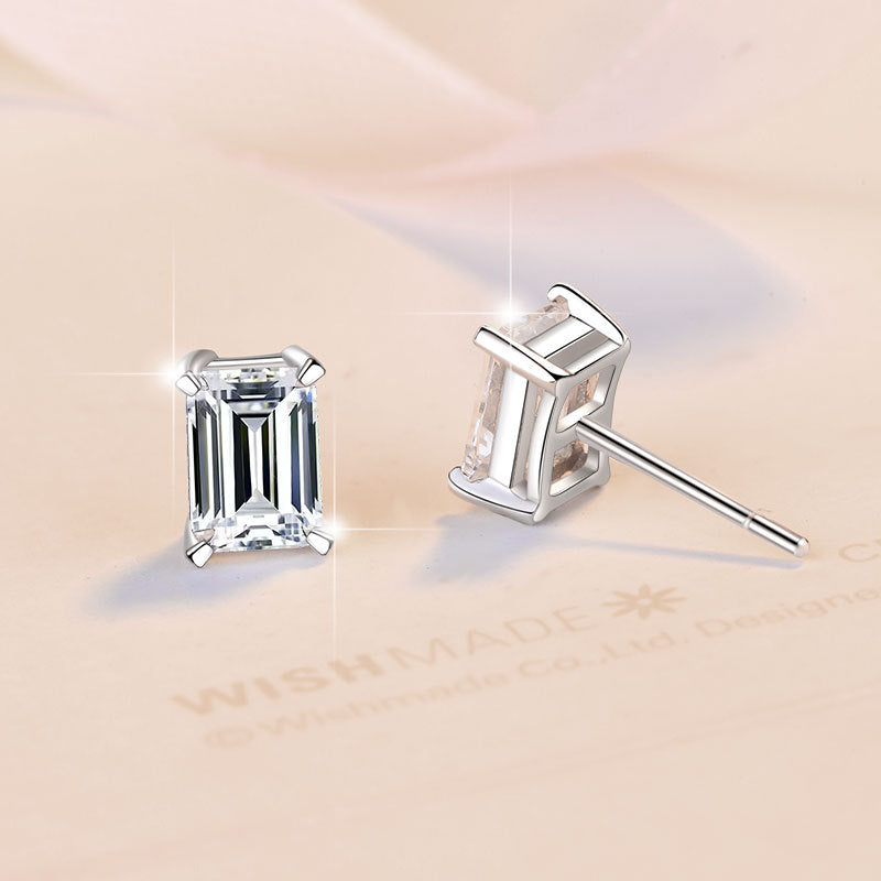 【#302】925 Sterling Silver Emerald Cut Moissanite Stud Earrings Sparkly Clear Gemstone Ear Ring Jewelry for Women Gift